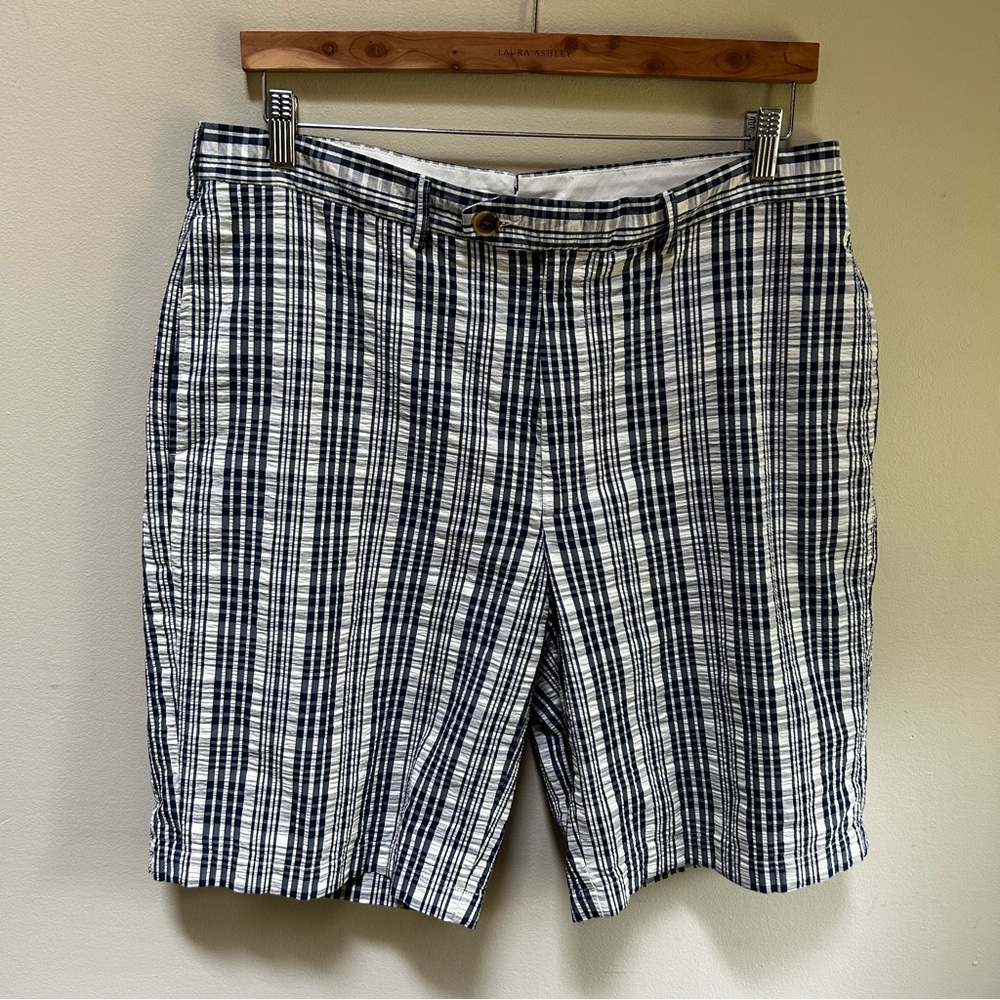 LANDS’ END ~ Men’s Navy Plaid Seersucker 11” Cotton Shorts in size 36